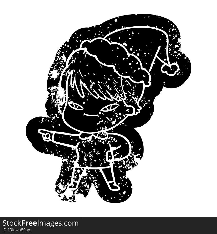 cartoon distressed icon of a happy woman wearing santa hat