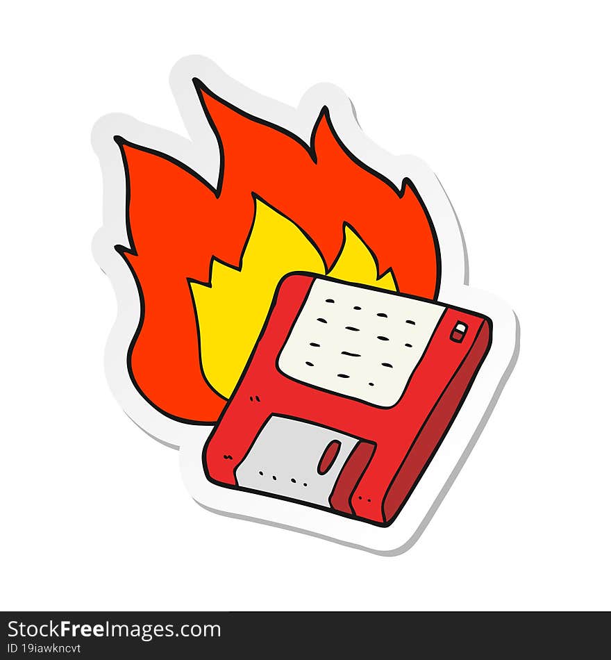 sticker of a cartoon old computer disk burning