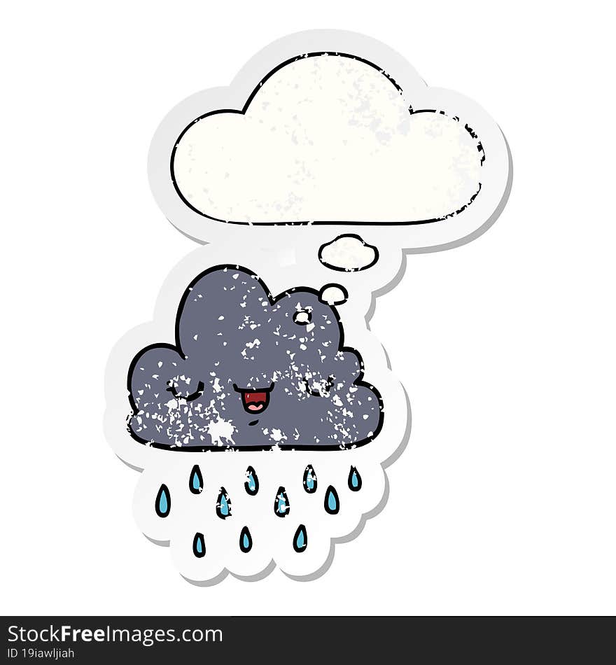 cartoon storm cloud and thought bubble as a distressed worn sticker