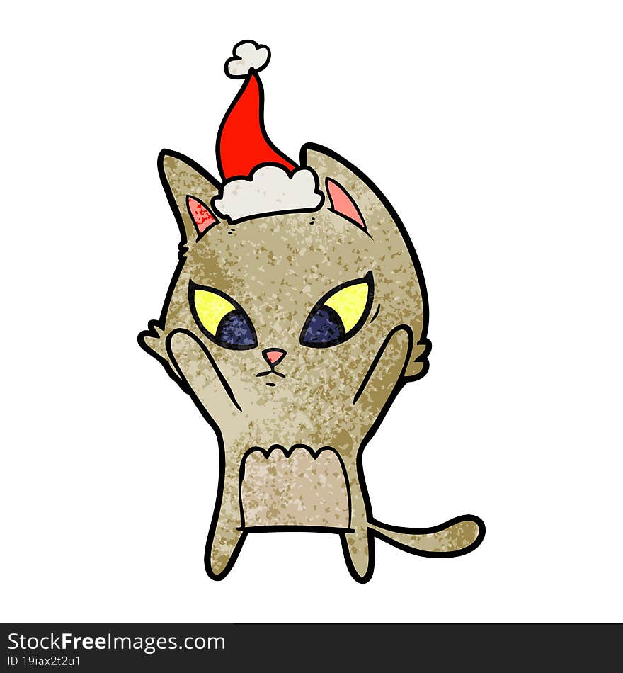 confused textured cartoon of a cat wearing santa hat