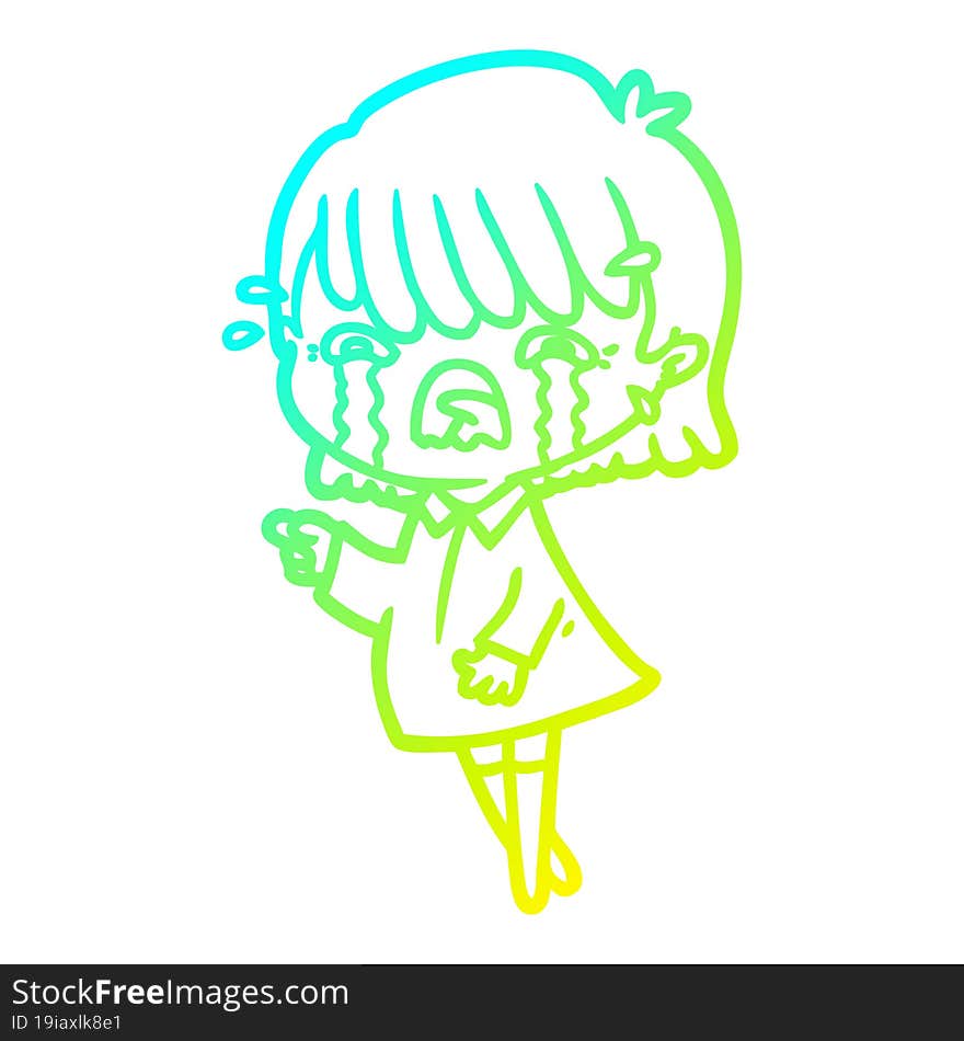 cold gradient line drawing of a cartoon girl crying