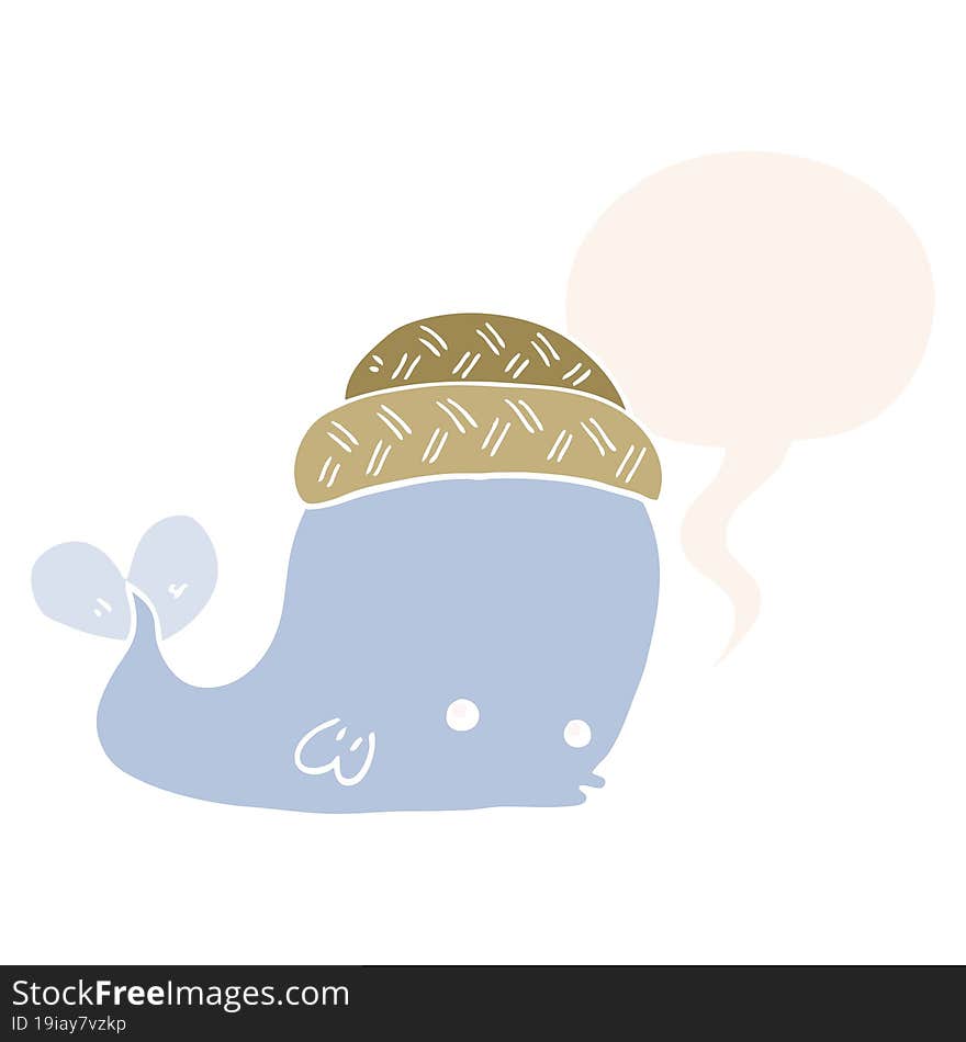 cartoon whale wearing hat and speech bubble in retro style