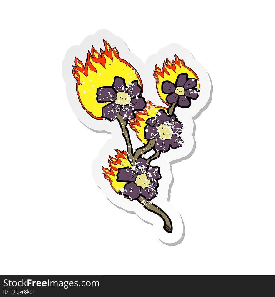 retro distressed sticker of a cartoon burning flowers