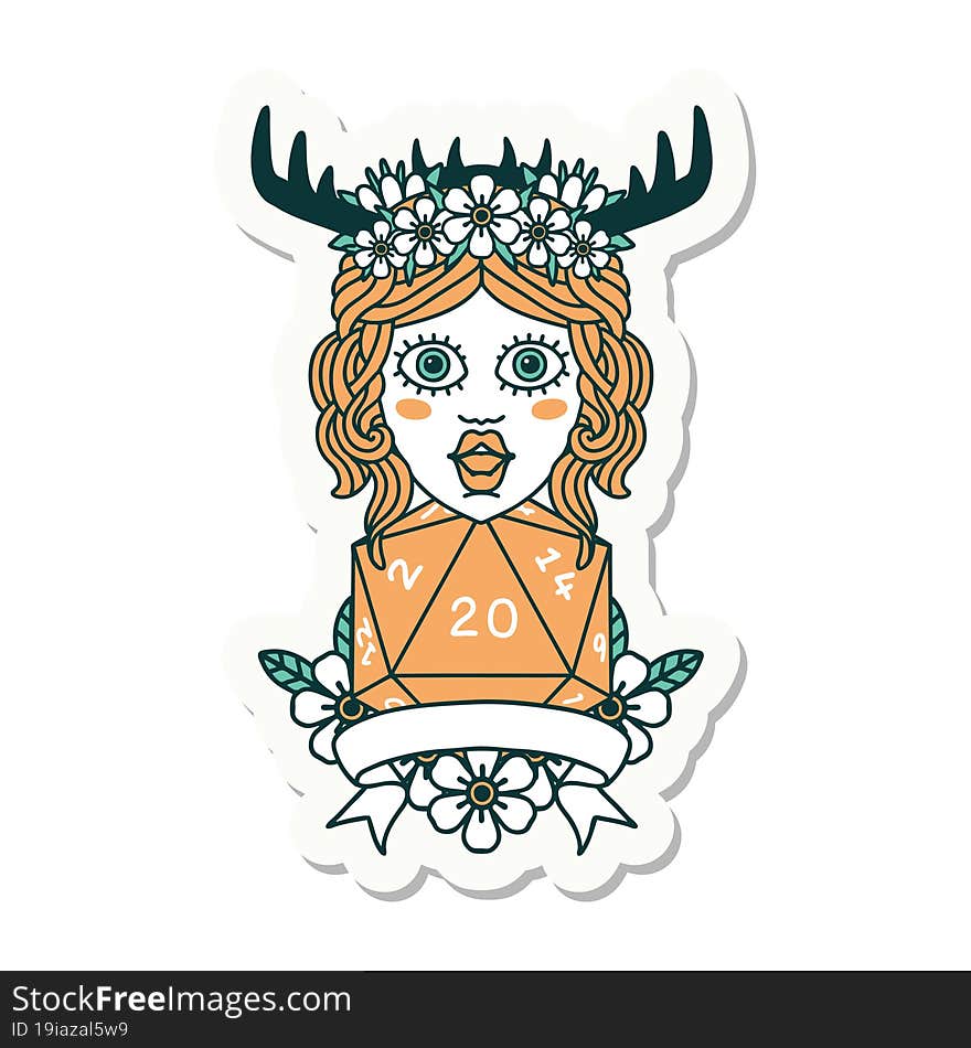 human druid with natural 20 dice roll sticker