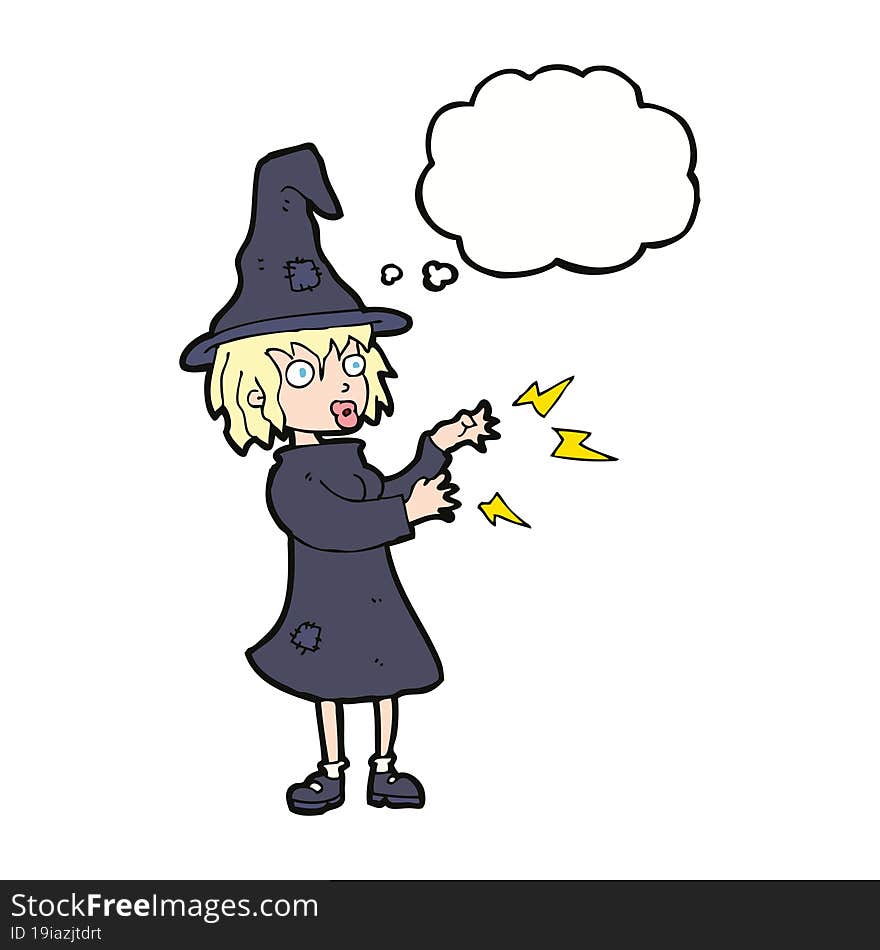 cartoon witch casting spell with thought bubble