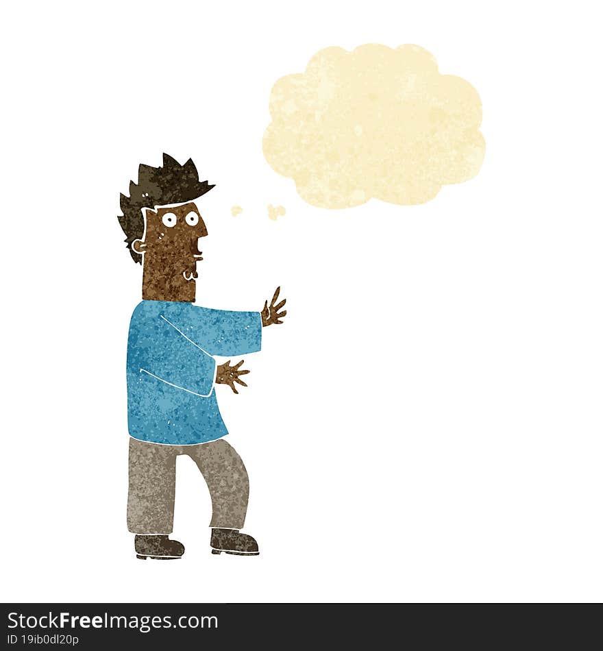 cartoon nervous man waving with thought bubble