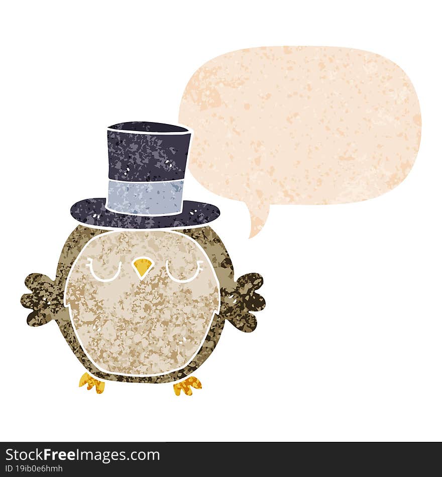 cartoon owl wearing top hat and speech bubble in retro textured style