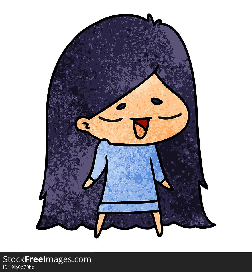 freehand drawn textured cartoon of cute kawaii long haired girl