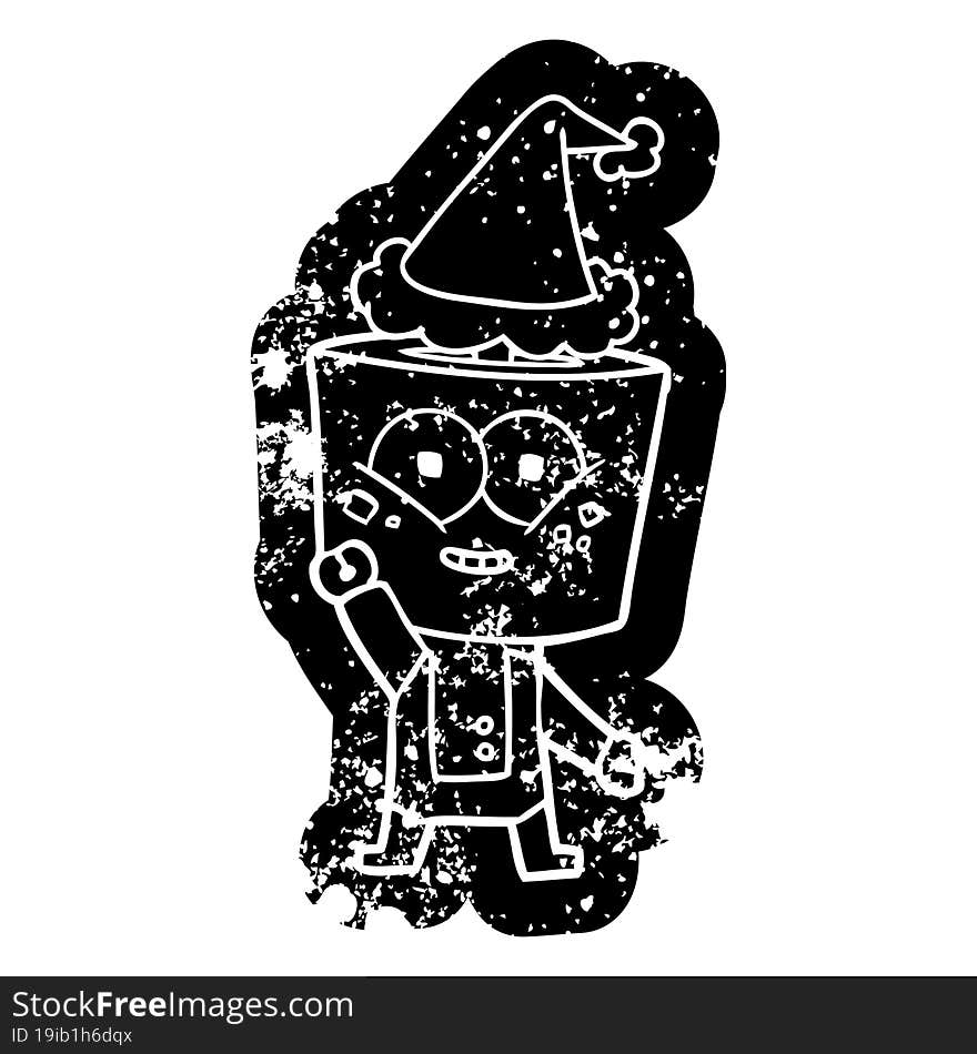 happy quirky cartoon distressed icon of a robot waving hello wearing santa hat