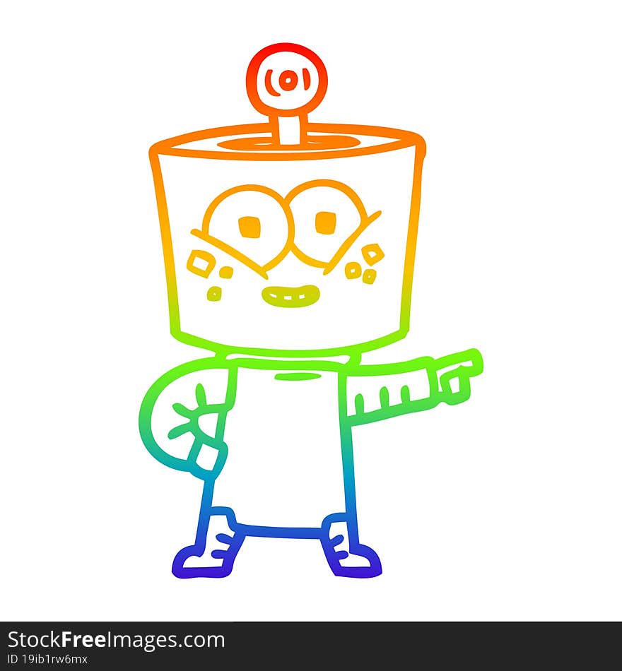 rainbow gradient line drawing of a happy cartoon robot pointing