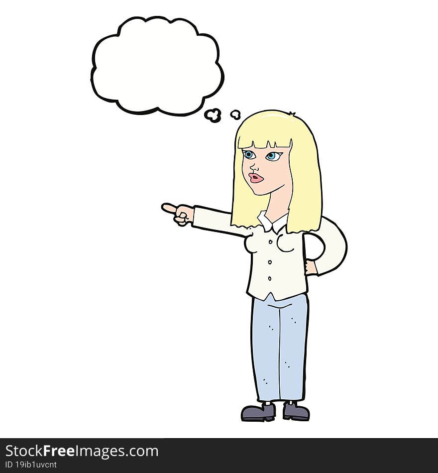 Cartoon Pretty Woman Pointing With Thought Bubble