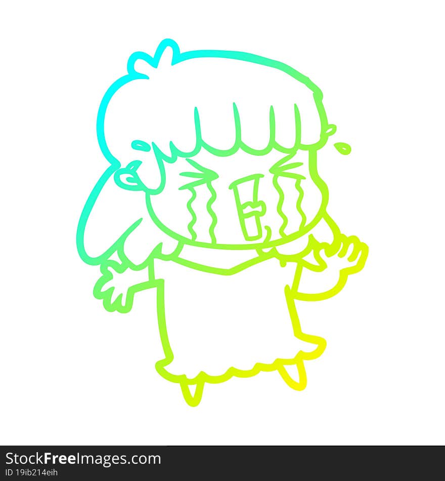 cold gradient line drawing cartoon woman in tears