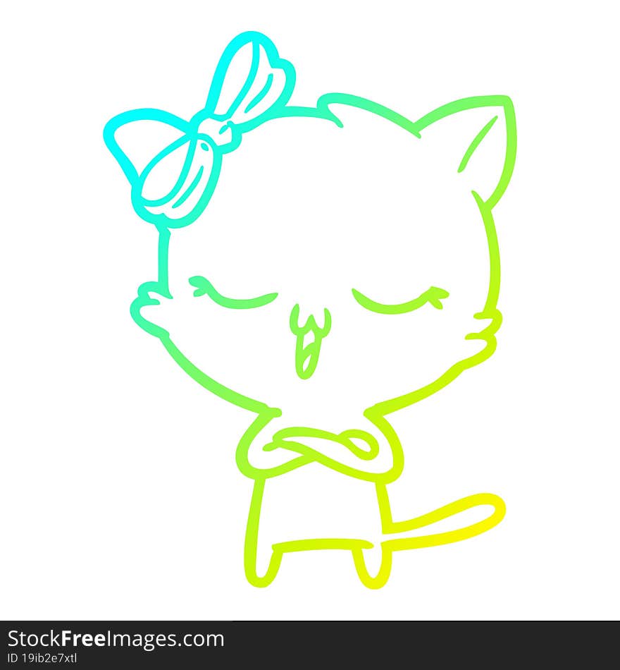 cold gradient line drawing cartoon cat with bow on head