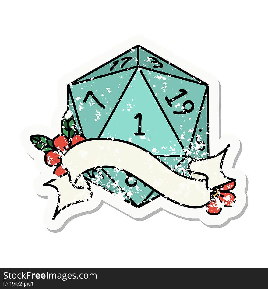 grunge sticker of a natural one d20 dice roll. grunge sticker of a natural one d20 dice roll