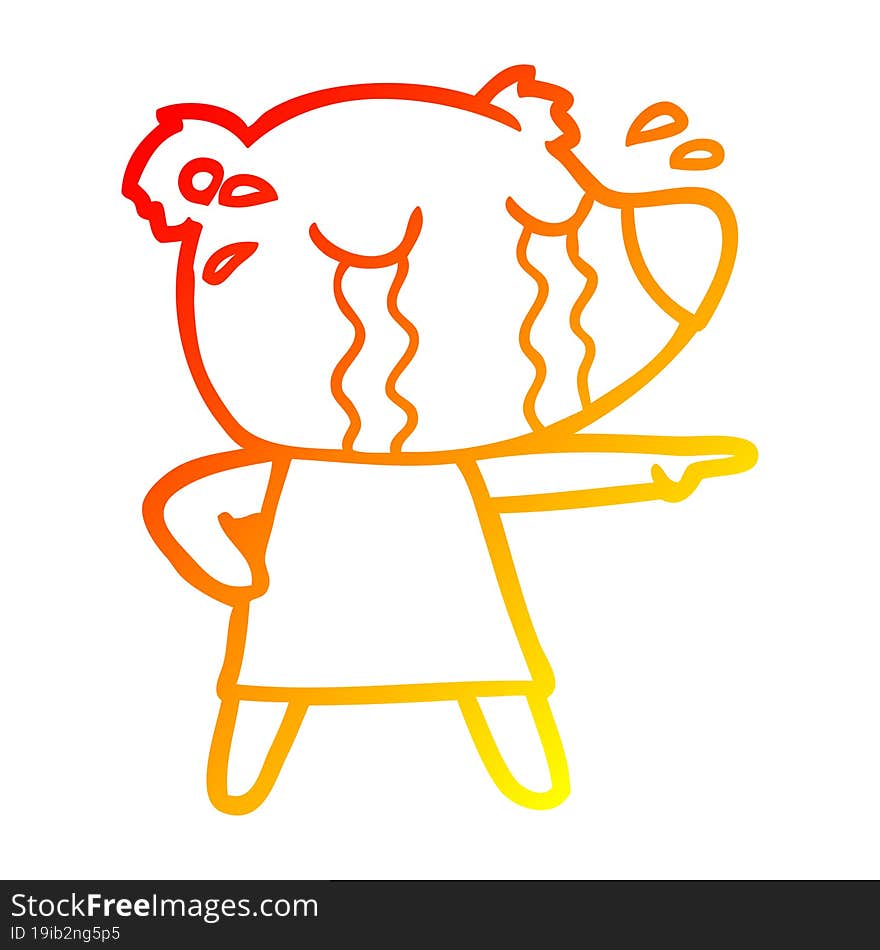 warm gradient line drawing cartoon crying bear in dress pointing