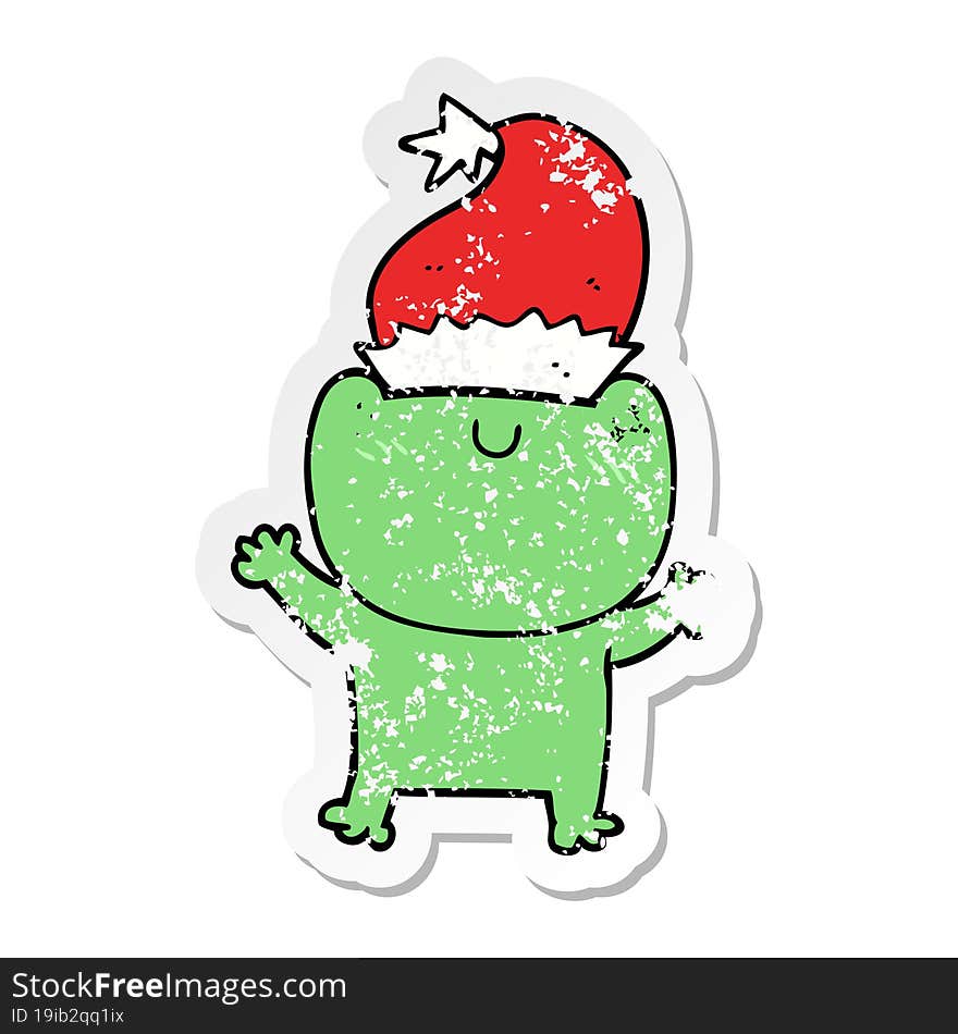 distressed sticker of a cute cartoon frog wearing christmas hat