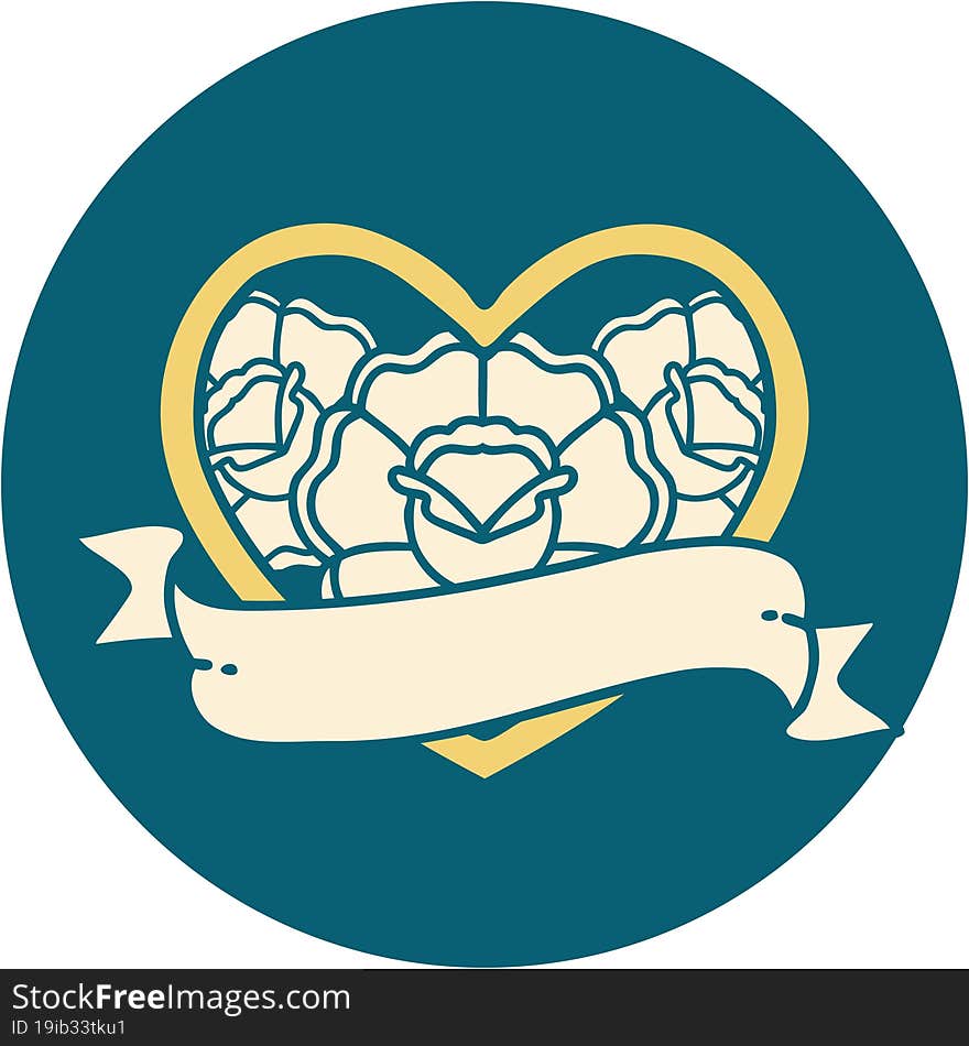 iconic tattoo style image of a heart and banner with flowers. iconic tattoo style image of a heart and banner with flowers