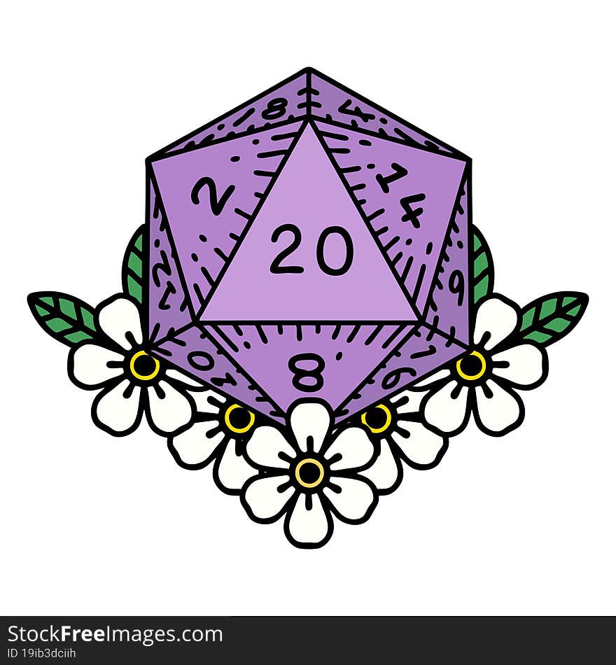 natural 20 D20 dice roll with floral elements illustration