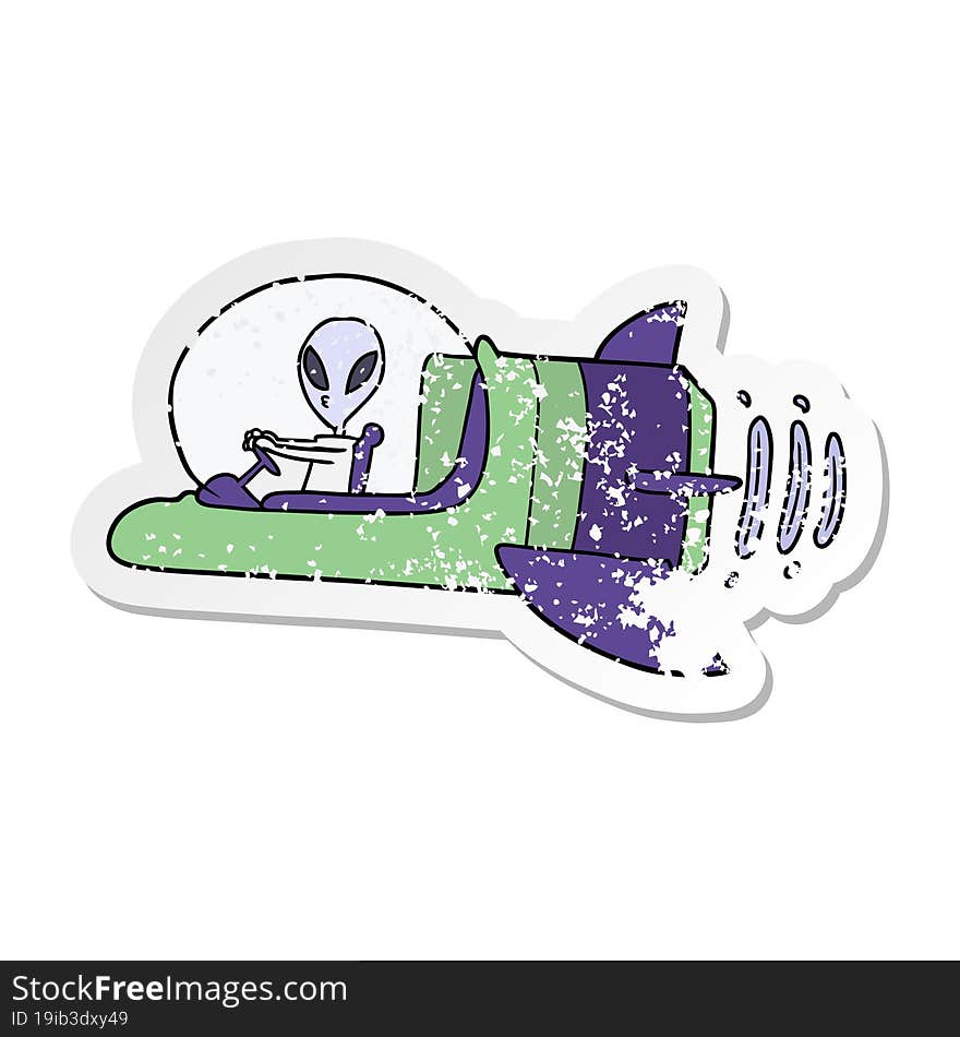 distressed sticker of a cartoon alien spacecraft