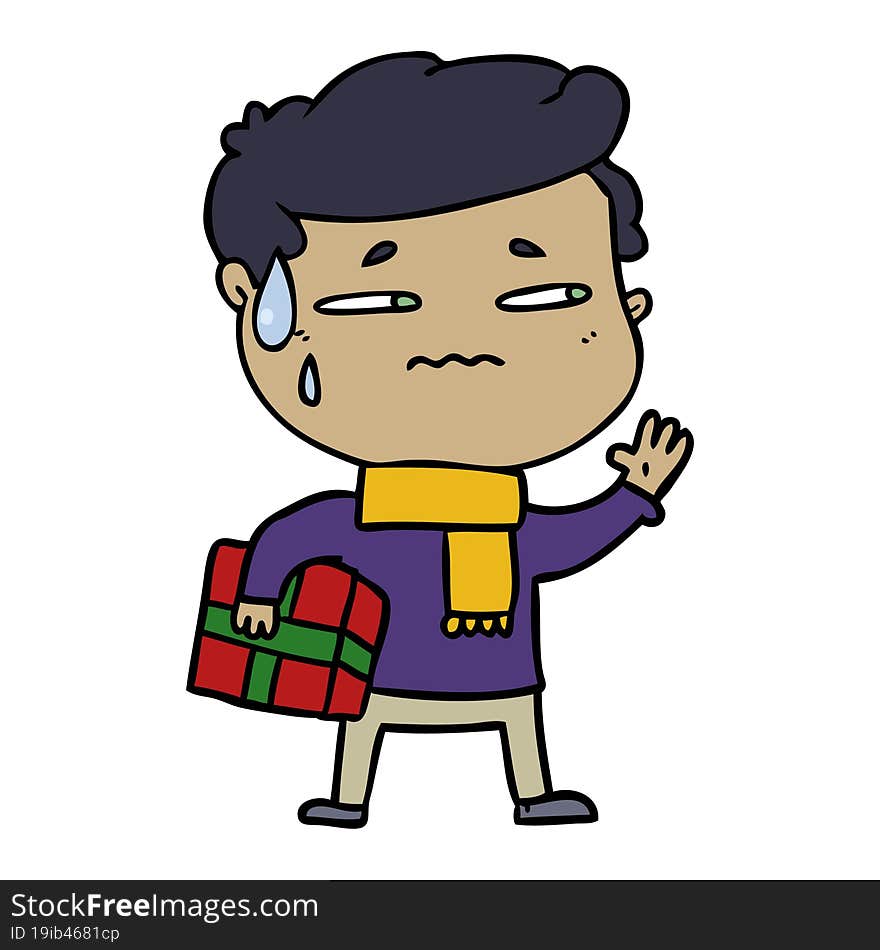 cartoon anxious man with christmas gift. cartoon anxious man with christmas gift