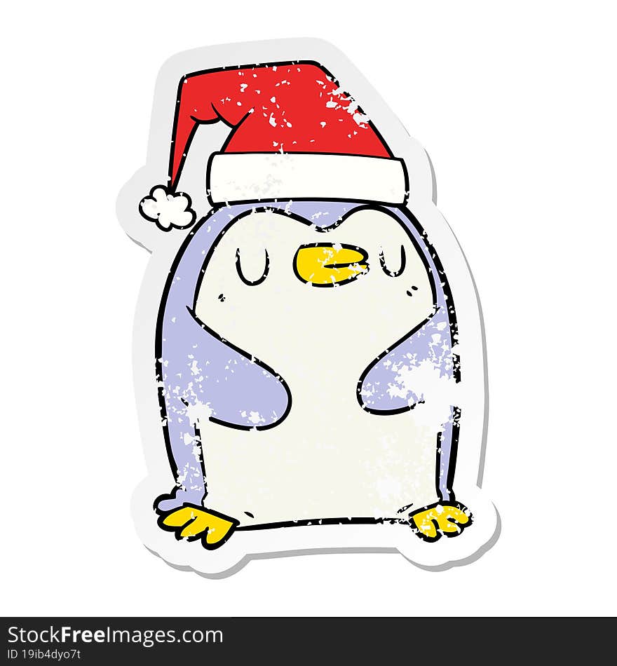 distressed sticker of a cartoon penguin wearing christmas hat