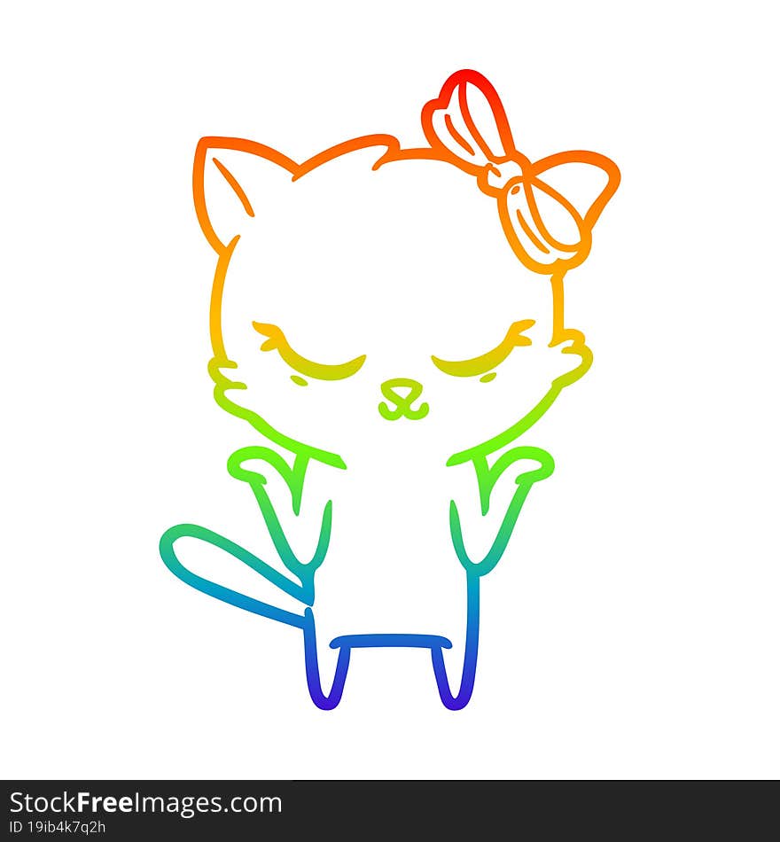 rainbow gradient line drawing of a cute cartoon cat with bow