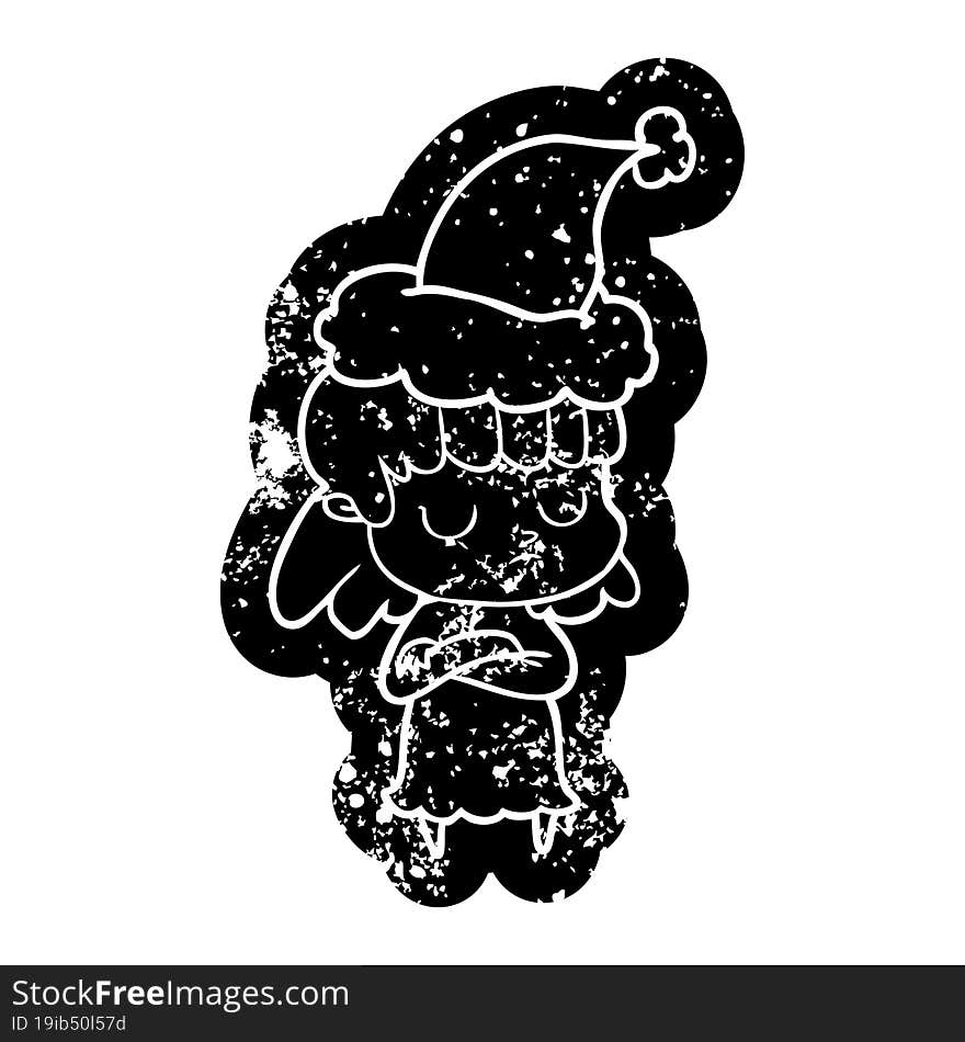 cartoon distressed icon of a indifferent woman wearing santa hat