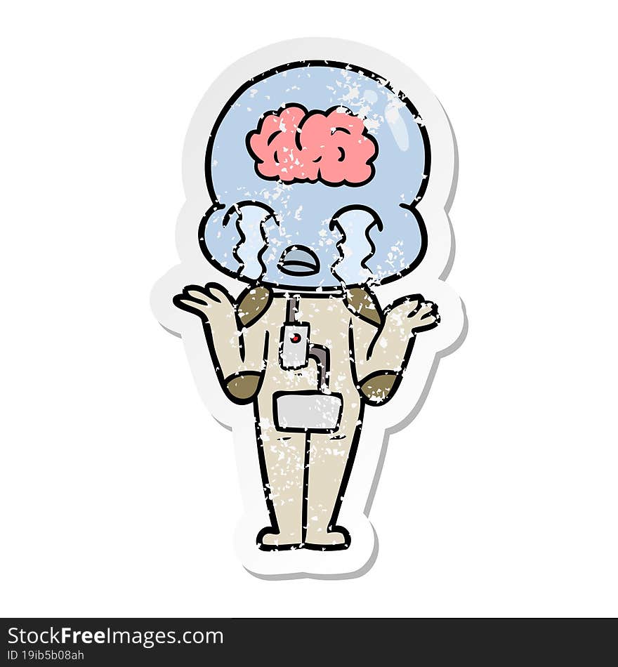 distressed sticker of a cartoon big brain alien crying