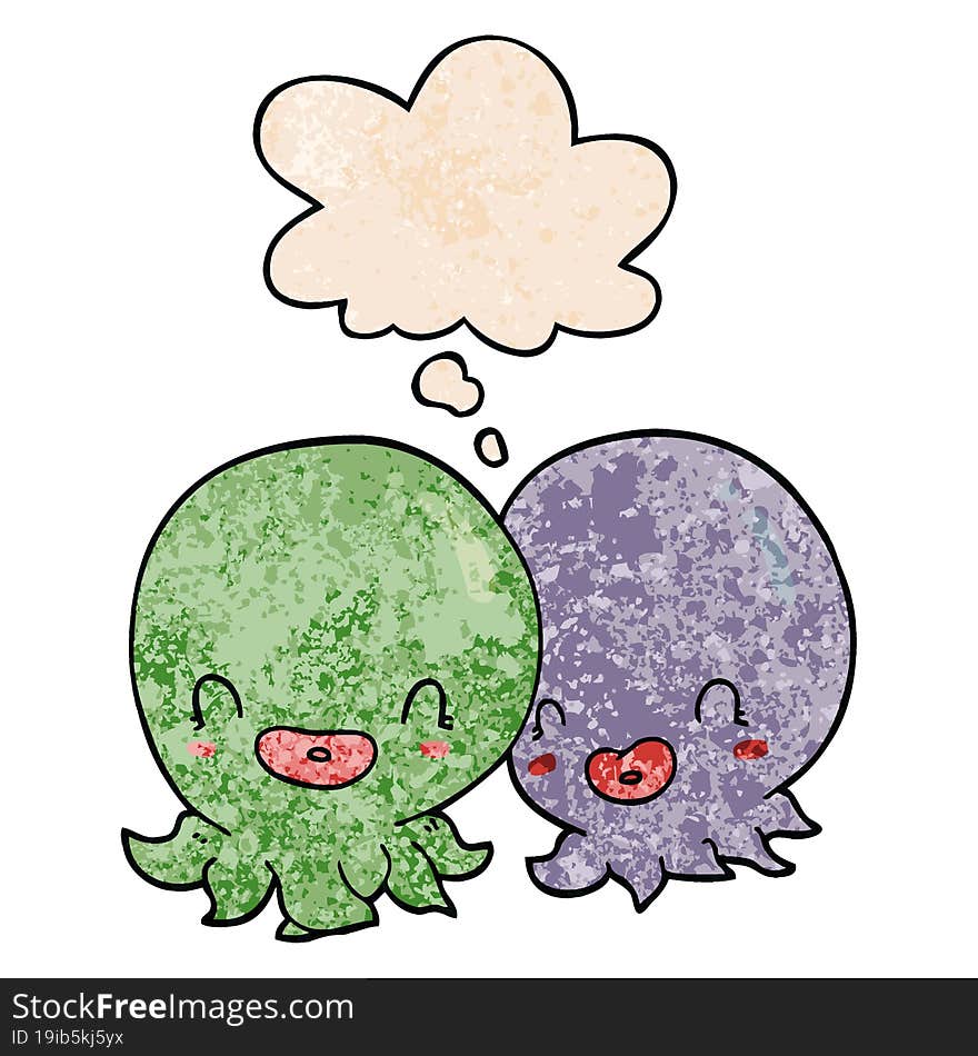 two cartoon octopi  and thought bubble in grunge texture pattern style