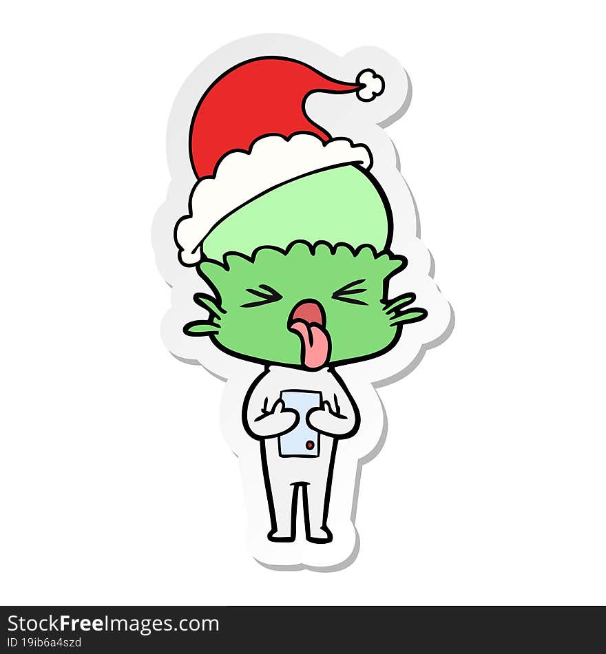 Disgusted Sticker Cartoon Of A Alien Wearing Santa Hat