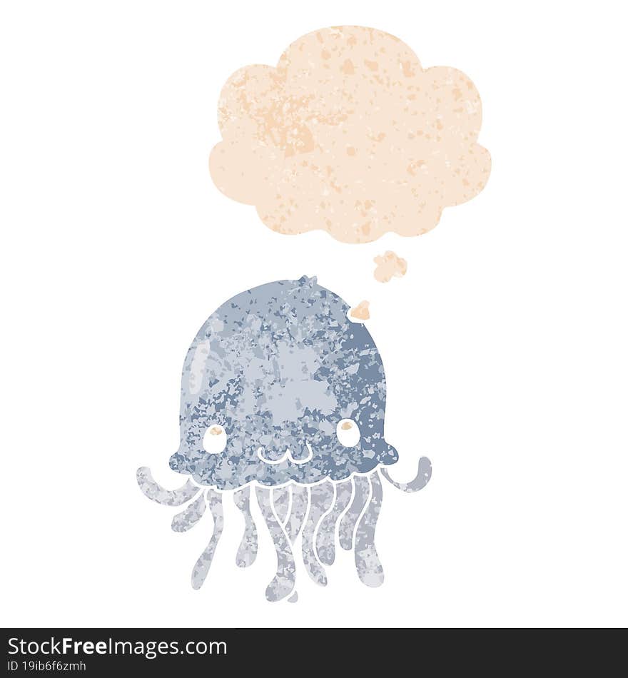 cartoon jellyfish and thought bubble in retro textured style