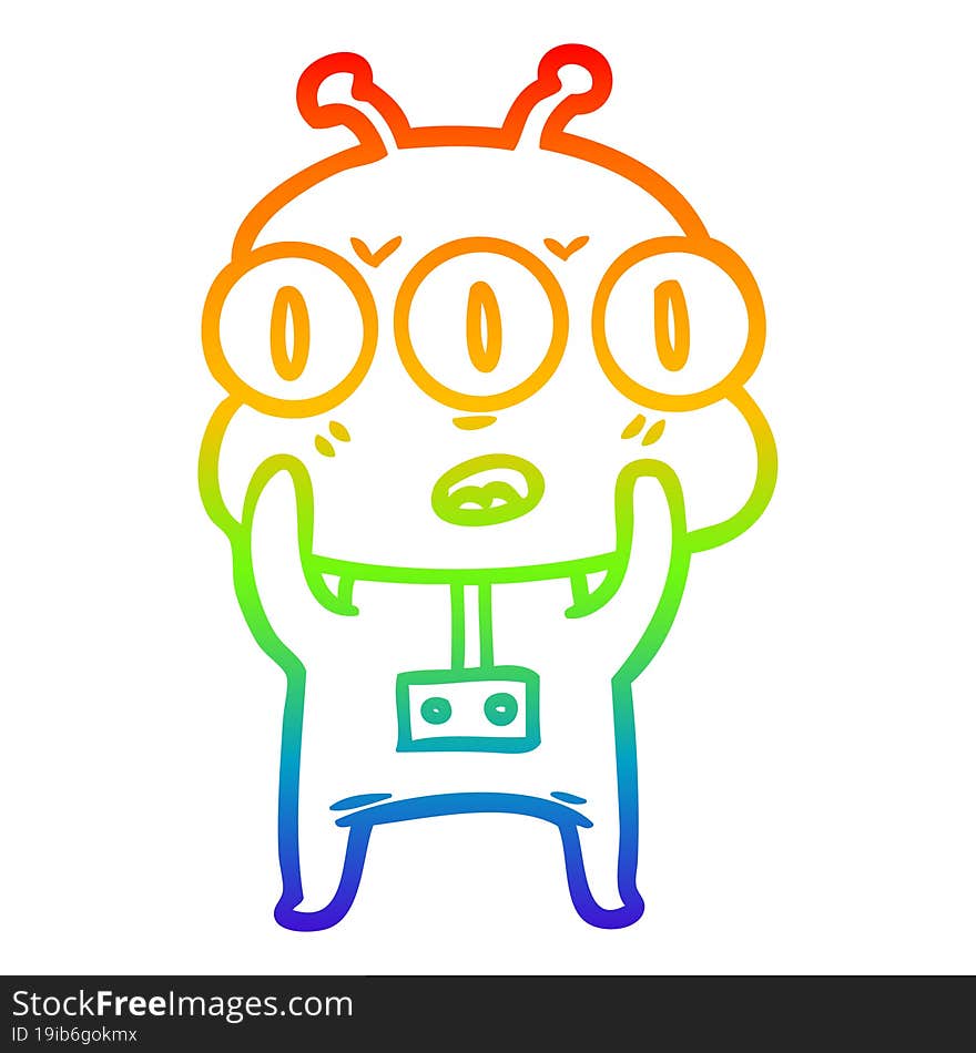 Rainbow Gradient Line Drawing Cartoon Three Eyed Alien