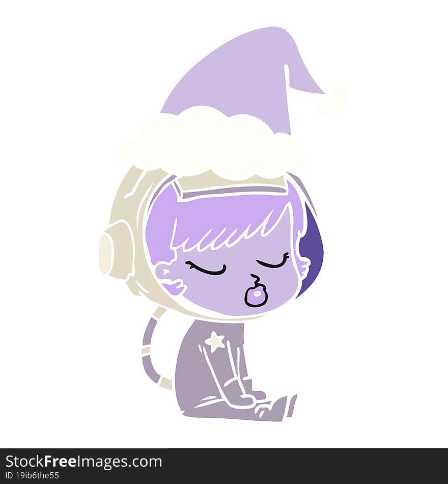 flat color illustration of a pretty astronaut girl sitting waiting wearing santa hat