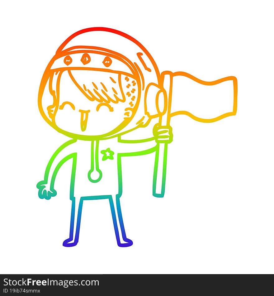 rainbow gradient line drawing happy cartoon space girl holding flag