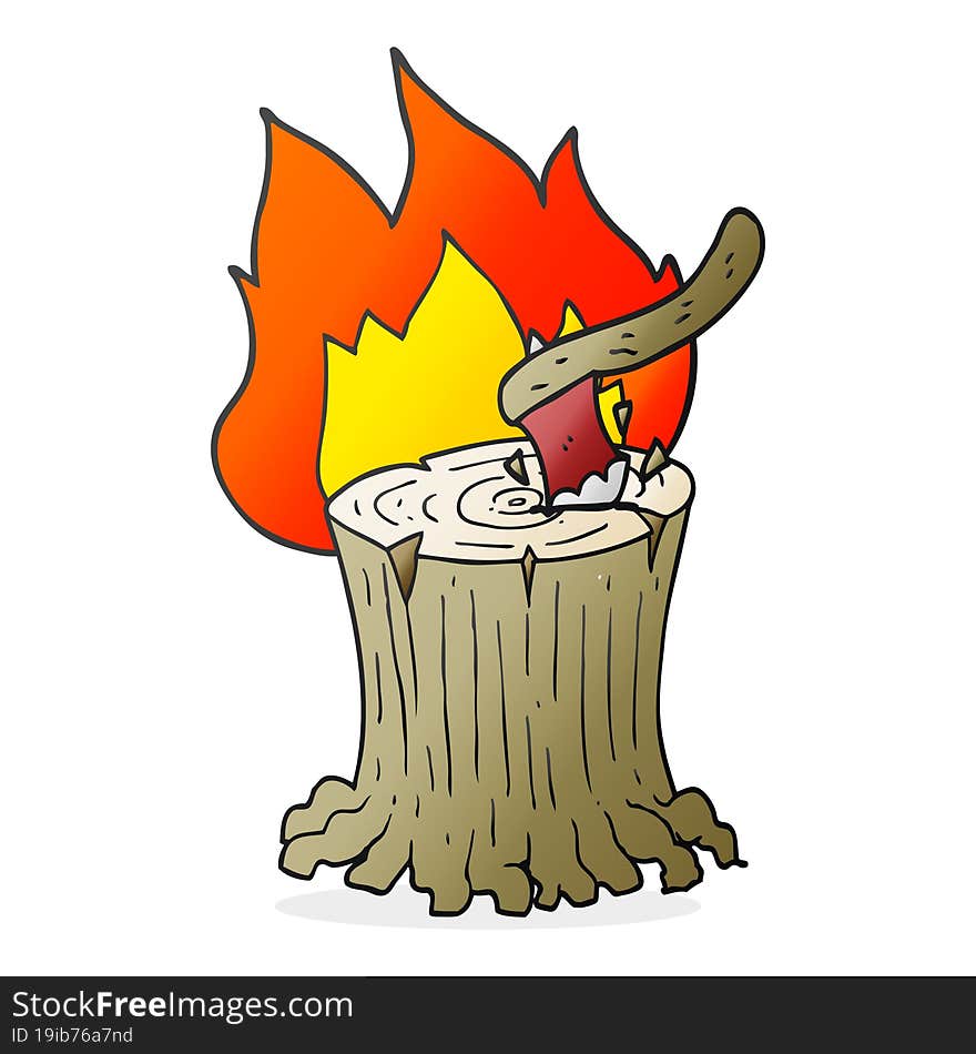 cartoon axe in flaming tree stump