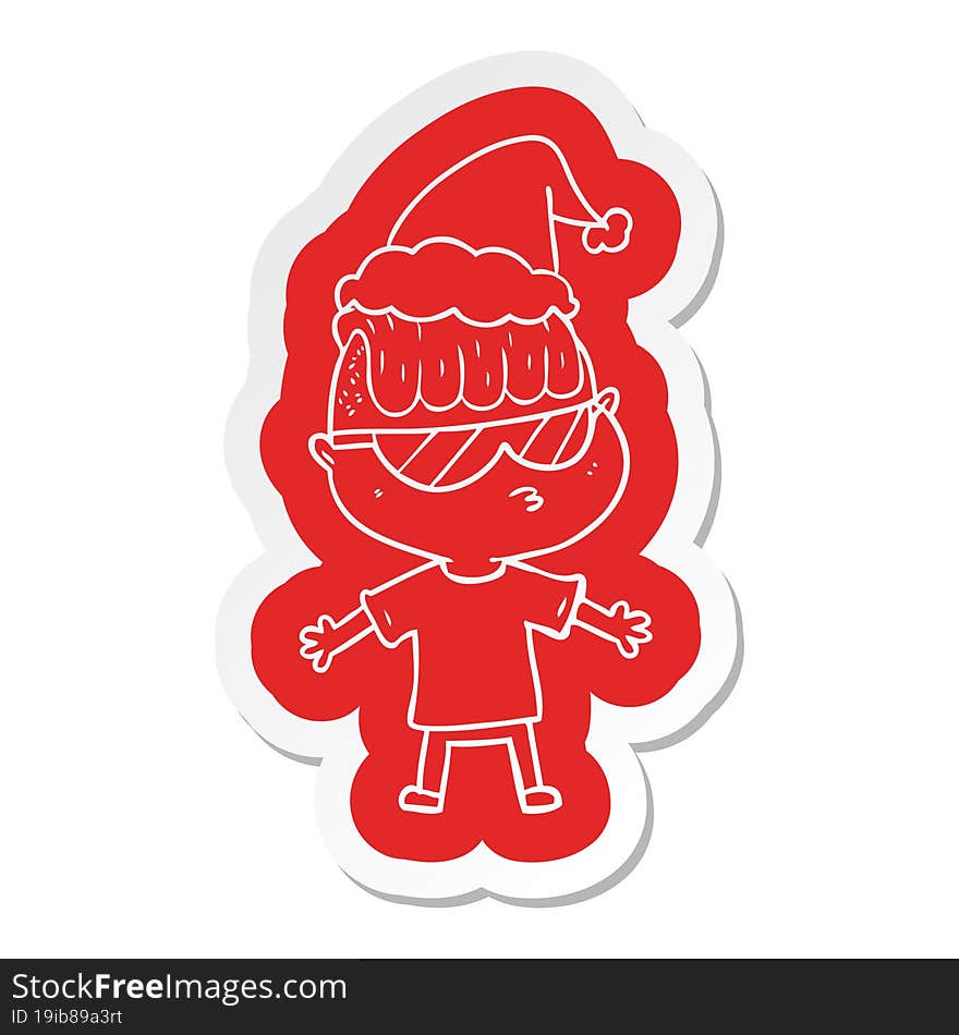 cartoon  sticker of a boy wearing sunglasses wearing santa hat