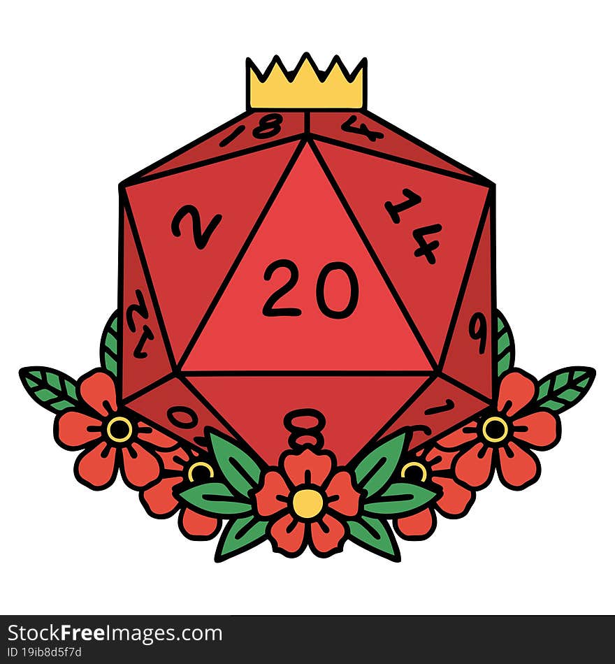 tattoo in traditional style of a d20. tattoo in traditional style of a d20