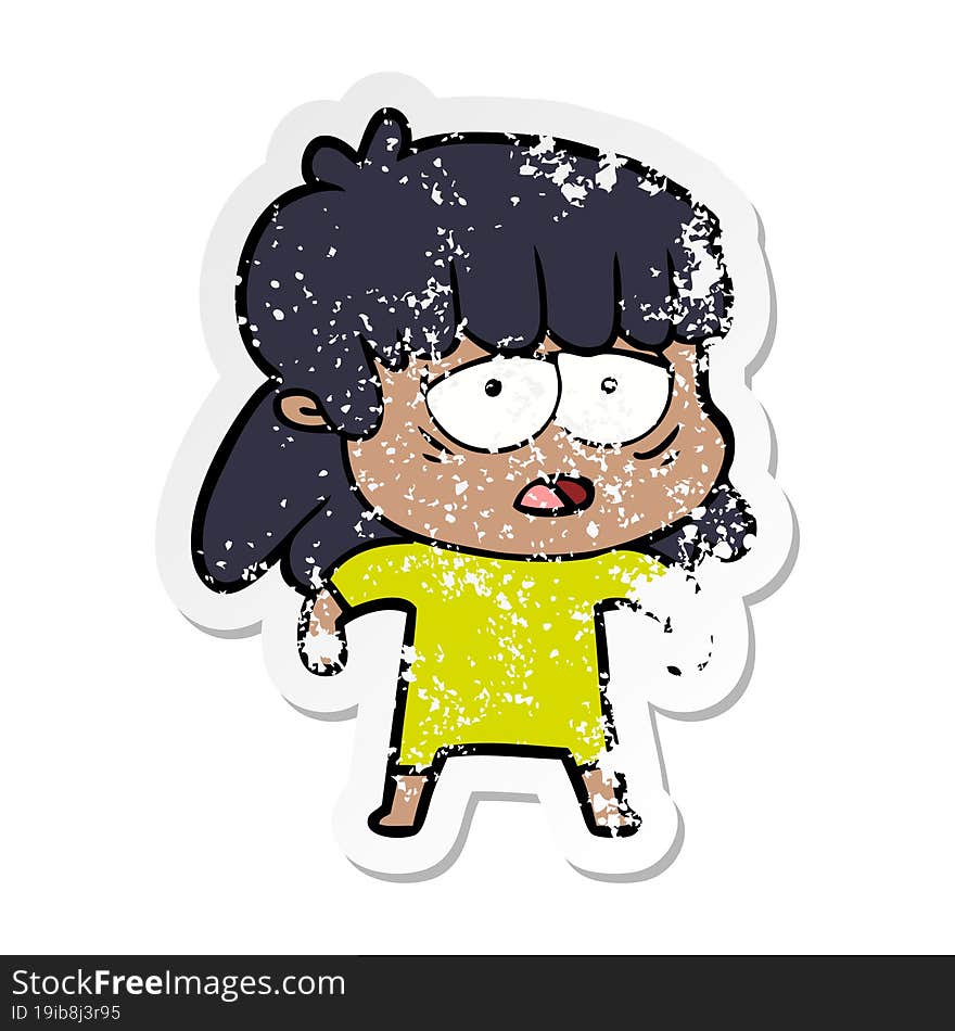 distressed sticker of a cartoon tired woman