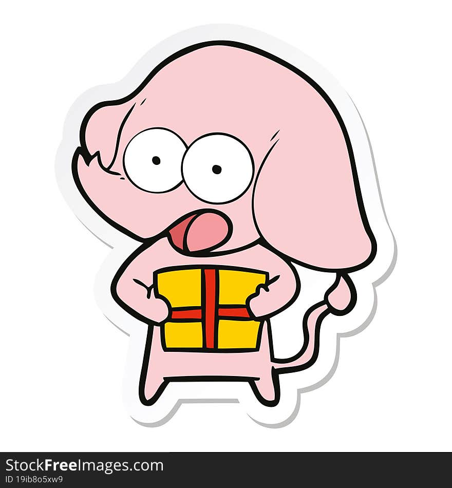 sticker of a cute cartoon elephant with christmas present