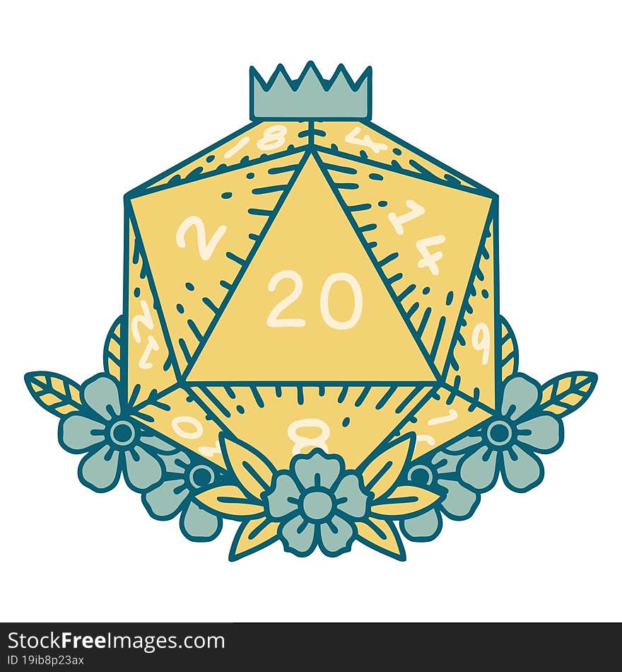 Natural 20 D20 Dice Roll With Floral Elements Illustration