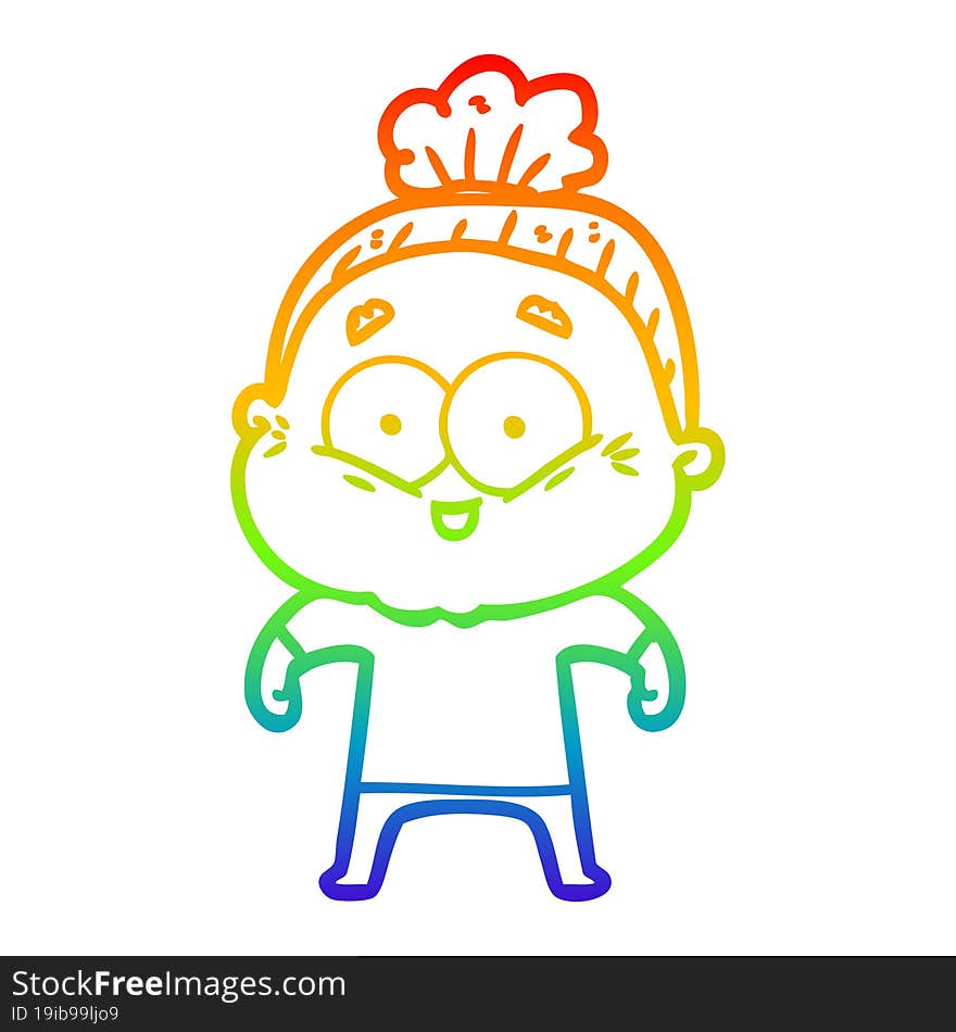 rainbow gradient line drawing of a cartoon happy old woman