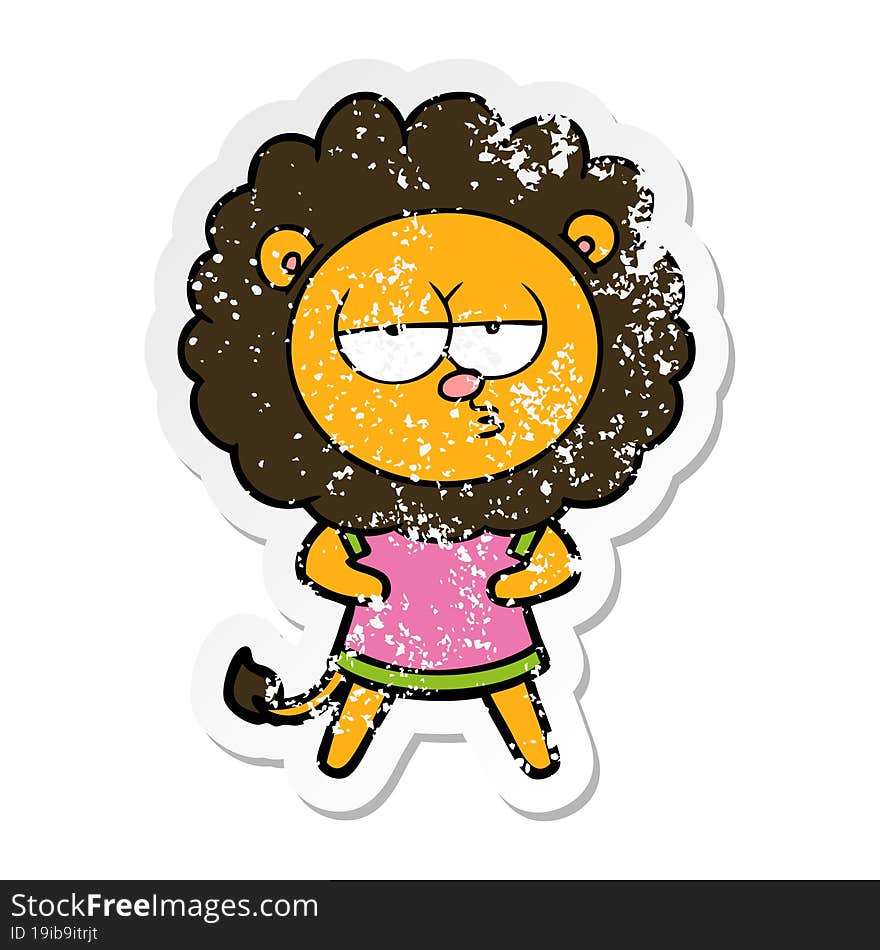 distressed sticker of a cartoon bored lion