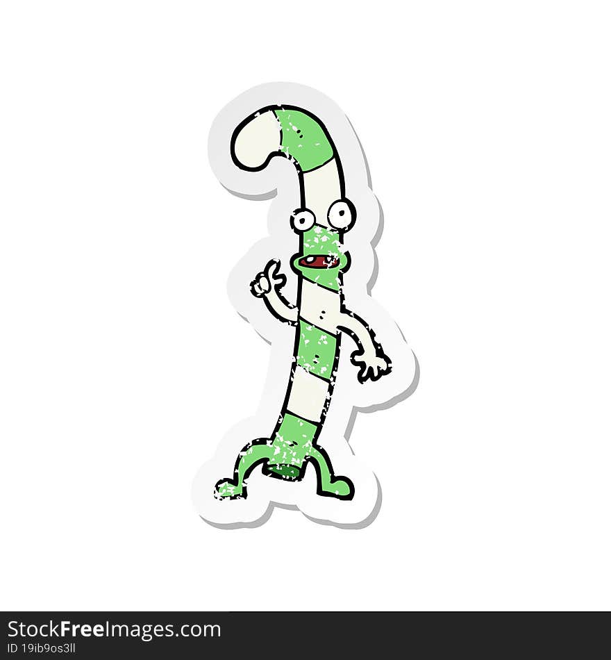 retro distressed sticker of a cartoon dancing christmas candy cane