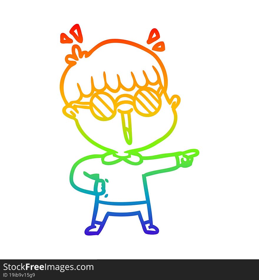 Rainbow Gradient Line Drawing Cartoon Boy Wearing Spectacles