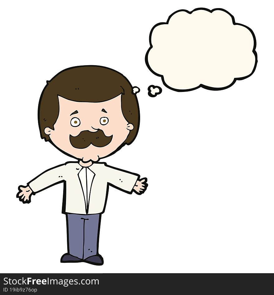 Cartoon Mustache Man With Open Arms With Thought Bubble