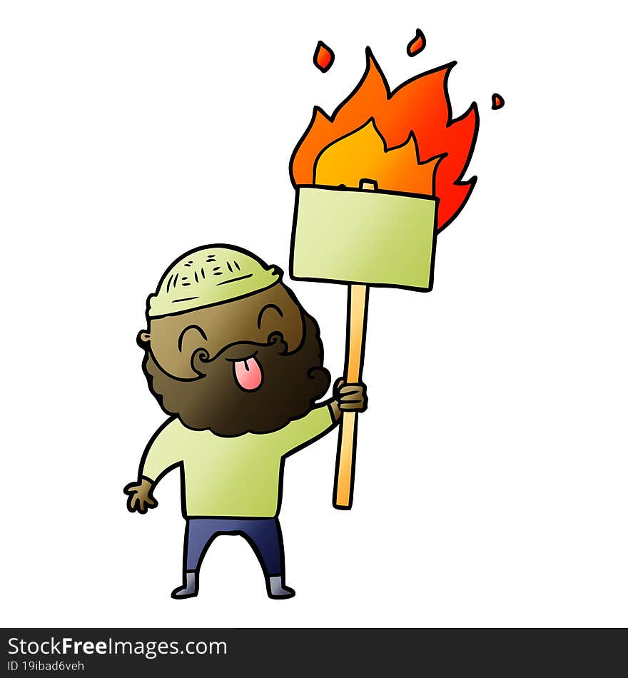 bearded protester cartoon with burning sign. bearded protester cartoon with burning sign