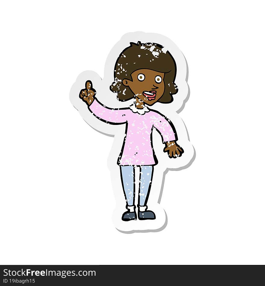 Retro Distressed Sticker Of A Cartoon Woman With Idea