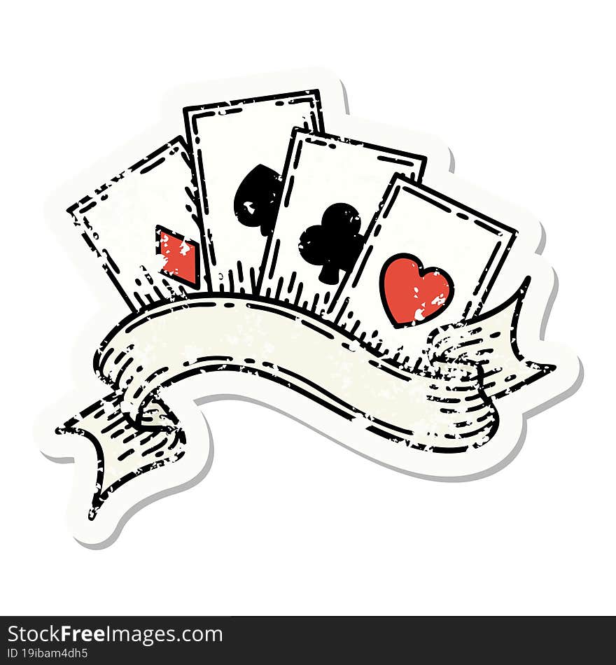 traditional distressed sticker tattoo of cards and banner