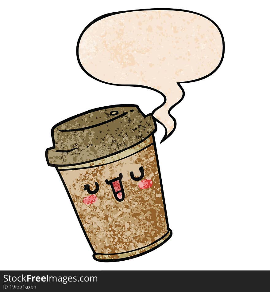 cartoon take out coffee with speech bubble in retro texture style