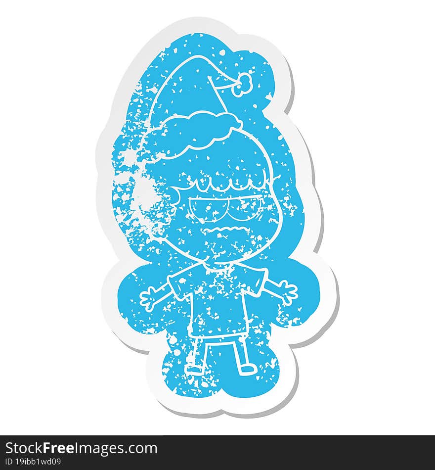 cartoon distressed sticker of a angry man wearing santa hat